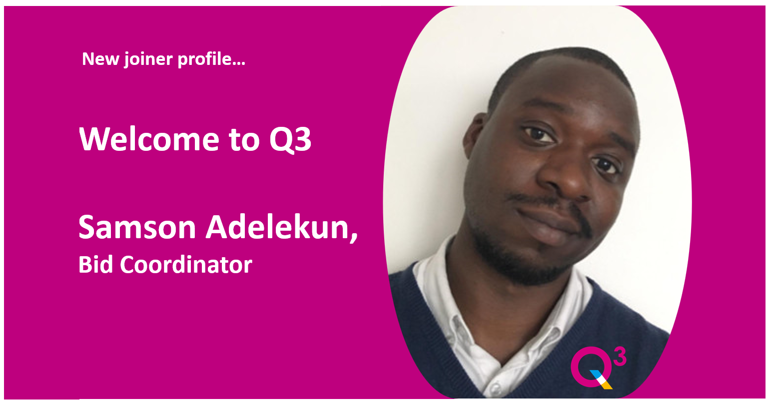 Welcome banner to Samson Adelekun, Bid Coordinator at Q3